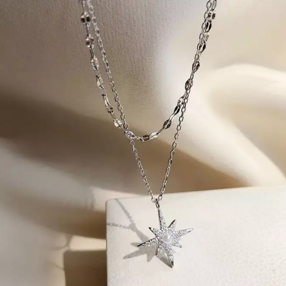 NEW 925 STERLING SILVER MOON DOUBLE LAYER NECKLACE - Picture 2 of 3
